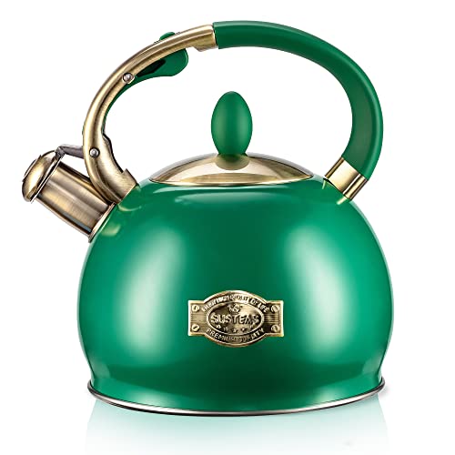 SUSTEAS Stove Top Whistling Tea Kettle - Food Grade Stainless Steel Teakettle Teapot with Cool Touch Ergonomic Handle, With 1 Silicone Pinch Mitt Included, 2.64 Quart (Green) - color: Green