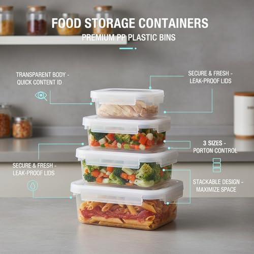 Food Storage Containers with Lids, Stackable PP Plastic Bins for Refrigerator & Pantry Organization, Clear Design for Leftovers and Prep Ingredients - size: 6.65 x 4.72 x 2.8 in