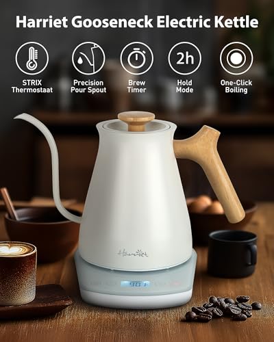 Harriet Gooseneck Electric Kettle 1200W Fast Heat, 0.8L Stainless Steel, Precision Temp Control & Timer, Wood Handle - color: White