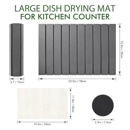 Oxydrily Stone Dish Drying Mat for Kitchen Counter,Large Dark Gray Foldable Diatomaceous Earth Dish Drying Mat,Quick-Dry Absorbent Bath & Countertop Stone Dishes Mats for Dishes Bottles Cups 23"x15.3"