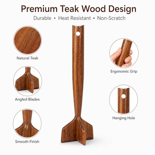 Teak Wooden Meat Chopper, Meat Chopper for Ground Beef, Heat-Resistant Non-Scratch Wooden Meat Masher for Hamburger, Beef, Turkey, Safe for Nonstick Cookware (1Pcs)