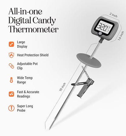Digital Candy Thermometer with Pot Clip, 10" Long Stainless Steel Probe, Instant Read Kitchen Thermometer for Cooking, Baking, and Candy Making (Gray) - color: Gray