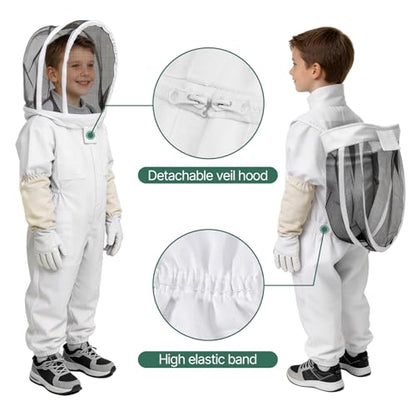 Bee Suit, Full Body Beekeeping Suit with Veil Hood (3‘3’‘ - 4’5‘’) | Professional Beekeeping Outfit, Includes Gloves, for Beekeepers and Beginners - size: Kids for 3‘3’‘ - 4’5‘’