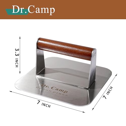 Dr.Camp 7 Inch Stainless Steel Burger Press with Real Wood Handle Heavy Duty Bacon Press Grill Press for Griddle Flat Top Smash Burger Press Hamburger Smasher Meat Press (Square) - style: Square