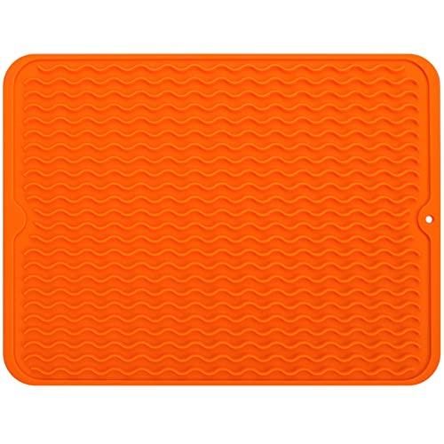 MicoYang Silicone Dish Drying Mat — Quick-Dry Ridges Counter & Sink Pad, Heat-Resistant Trivet to 450°F, Non-Slip & Dishwasher Safe, Roll-Up Storage, 18 Colors & 9 Sizes (Orange, 16"×12") - color: Orange, size: 16"L x 12"W