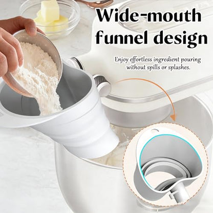 Asix Toy Flour Funnel Compatible with Kichen Aid Mixer,with 2pcs Cord Organizer,Pouring Chute for Artisan KSM150,Foldable Silicone,Easy Pour No-Mess Attachment,Dishwasher-Safe,for Baking and Cooking