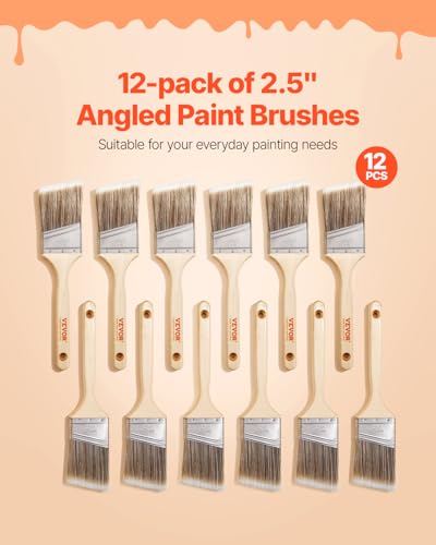 VEVOR Paint Brushes, 12 Piece Angle Paint Brush, Treated Wood Handle, Paint Brush Set for All Latex and Oil Paints & Stains, Wood Stain Brushes for Cabinets, Walls, Fences, Interior & Exterior Use - size: 12 PCS, style: Paint Brush