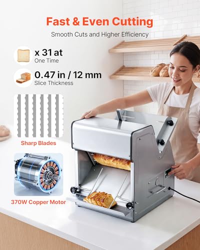 VEVOR Electric Bread Slicer, 370W 1680RPM Bread Slicing C, Stainless Steel Countertop Bread Cutter Machine for 12mm Slice Thickness, Commercial & Home Use for Bakeries Restaurants, 120V - size: Electric