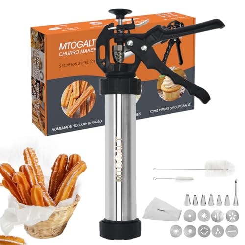 21-Piece Cookie Press Set & Churro Maker Machine – Stainless Steel Baking Gun for Spritz Cookies, Hollow Churros, and Pastry – Includes 6 Nozzles, 9 Discs, Piping Bag, and 2 Brushes