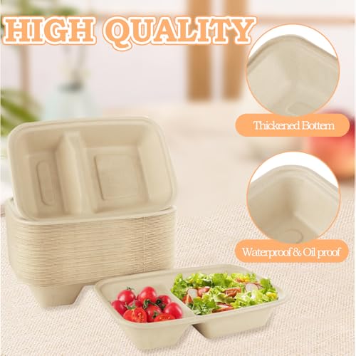 ABuff 100 Pack 2 Compartment Paper Bowls Chip Dip, Nacho Cheese and Salsa, 26 Oz Compostable Food Containers Bagasse Bowls, Biodegradable Meal Prep Food Storage Deli Container for Hot/Cold Foodd