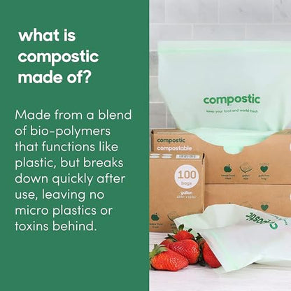 Compostic Compostable Snack Bags, Snack Size (60 Count) Starter Pack — Resealable Zip-Seal, Plant-Based, Home Compostable, Freezer Safe, BPA-Free, Non-Toxic, GMO-Free Food Storage Bags - size: 60 Count, style: Snack