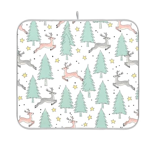 Winter Deer Tree Stars Dish Drying Mat for Kitchen Counter Super Absorbent Draining Mat with Non-slip Backed Coffee Mat for Dish Bottles Cups Bowl Sinks Countertops Draining Racks