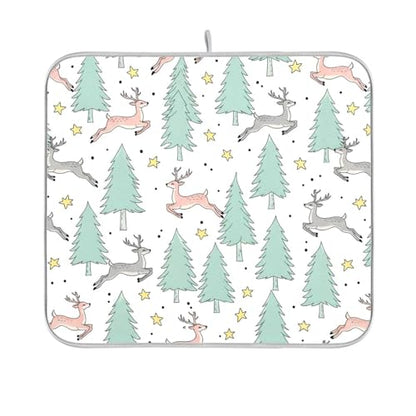 Winter Deer Tree Stars Dish Drying Mat for Kitchen Counter Super Absorbent Draining Mat with Non-slip Backed Coffee Mat for Dish Bottles Cups Bowl Sinks Countertops Draining Racks