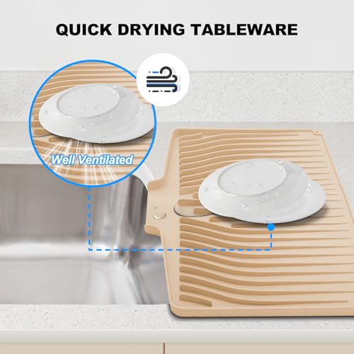 Silicone Dish Drying Mat for Kitchen Countertops and Sinks,19 x13.7 Inch Non Slip Heat Resistant Mat with Built In Drainage System,For Refrigerator and Drawer Liners (beige, 19 x13.7 Inch) - color: Beige