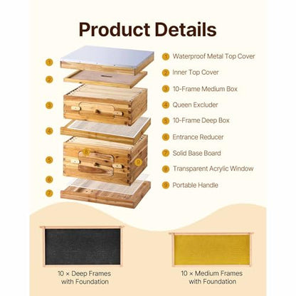 Happybuy Bee Hive 20 Frame Starter Kit - Premium Fir Wood with Beeswax Coating. Includes 1 Deep + 1 Medium Bee Boxes. Langstroth Beehive with Transparent Acrylic Windows and Foundations.