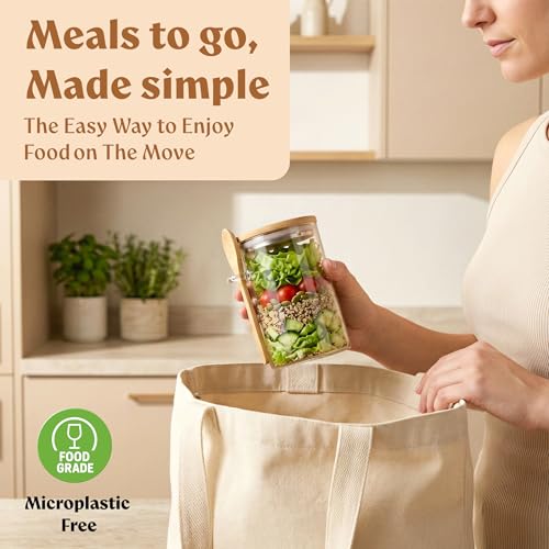 Overnight Oats Containers with Lids, Labels & Spoons (4 x 16oz) Glass Jars for Oatmeal, Meal Prep, Food Storage | Leak-Proof Mason Jars for Oats, Cereal, Yogurt, Chia Pudding [Thicker Glass 3mm] - color: Bamboo Lid