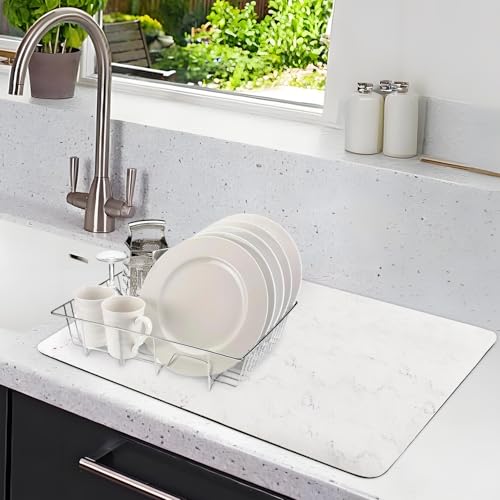 Marble Pattern Dish Drying Mat - Drying Mat for Kitchen Counter - Large 16" x 12" Dish Dring Mat - Dish Drying Pad for Dishes, Utensils, Pots and Pans - Dish Mats for Drying Dishes (white)