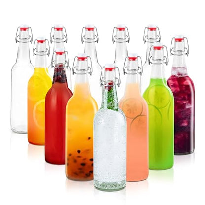 Barcaloo 16 Ounce Clear Glass Beer Bottles for Home Brewing - Beer, Kombucha, Soda, Juice, Fermentation, 12 Pack Glass Bottle with Flip Top Cap - color: Clear, size: 16oz.