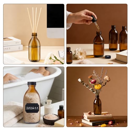 12 Pack 8 OZ Amber Glass Bottles for Vanilla Extract, 250 ML Refillable Empty Dispensing Bottles with Lids for 2nd Fermentation, Kombucha Brewing, Homemade Solutions