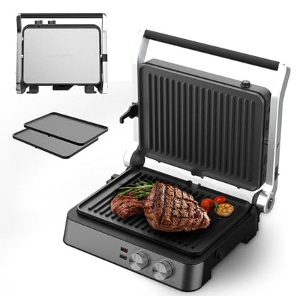 Panini Press,4 Slices Contact Grill with Removable Non-Stick Coated Grill and Flat Plates,Panini Makers with Temperature Control and Timer,Open 180 Degrees,Grill and Griddle (Silver wtih Full SUS) - color: Silver wtih Full SUS