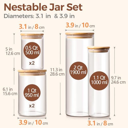ComSaf Glass Storage Jars 6 Pack, Pasta Containers, Pantry Organization | Tall Glass Jar, Pasta Containers Storage Set of 6 (2Qt/1.1Qt/1Qt*2/0.5Qt*2), Glass Pantry Storage, Spaghetti Jar, BPA Free