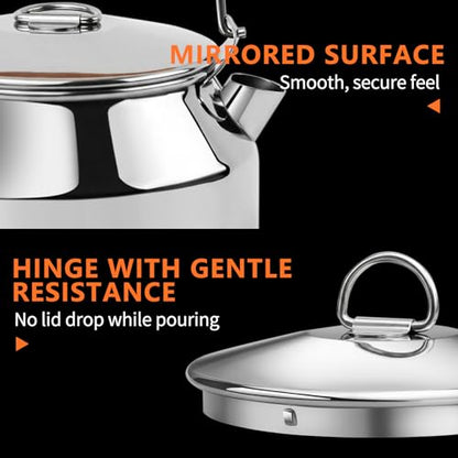 Camping Kettle Tea Pot, 1.4L Portable 304 Stainless Steel Coffee Kettle, Food Grade with Large Opening & Heat-Resistant Handle, Works on Gas, Induction, Open Flame, Electric Stove, Silver