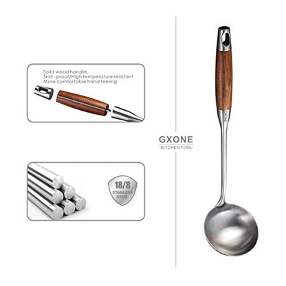 Soup Ladle,304 Stainless Steel Cooking Ladle Spoon Wok Tools with Long Wooden Handle Heat Resistant,Silver/14.6Inch - style: Soup Ladle-wood handle