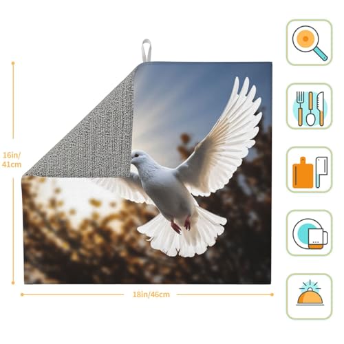 White dove flying in the sun Print Dish Drying Mat for Kitchen Counter Ultra Absorbent Microfiber Dishes Drainer Mats Washable Drying Pads for Sinks 16 x 18 In - color: White Dove Flying In The Sun