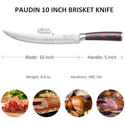 PAUDIN Carving Knife, 10 Inch Butcher Knife, Forged High Carbon German Stainless Steel, Razor Sharp Curved Brisket Slicing Kinfe for Poultry Beef Pork Meat Cutting, Ergonomic wood Handle Design - style: 10" Carving Knife