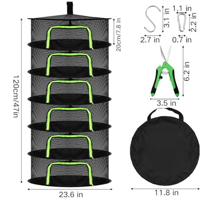 Coloch 6 Layer Herb Drying Rack with Zipper, Foldable Food Drying Net Collapsible Hanging Seed Drying Mesh with Garden Shear, Hook, Bag, for Plant, Seed, Bud, Fruit, Food, 23.6”x47”