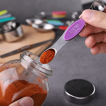 Measuring Cups and Spoons Set Stainless Steel Including 8 Stackable Measuring Cup 8 Double Sided Magnetic Measuring Spoons with 1 Leveler for Dry and Liquid Ingredients - color: Multicolor