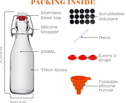 Ahhute Swing Top Glass Bottle, Kombucha Bottles 8oz, Vanilla Extract Bottles with Airtight Lid, Flip Top Glass Bottle 6 Pack