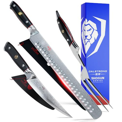 Dalstrong Slicing Carving Knife 12" + Fillet Knife 6" + Meat Fork - Shogun Series ELITE - Japanese AUS-10V Super Steel - Premium Carving Set - Black G10 Handle - Sheaths Included - color: Black, size: 12" Carving Set Pro