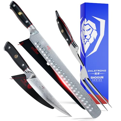 Dalstrong Slicing Carving Knife 12" + Fillet Knife 6" + Meat Fork - Shogun Series ELITE - Japanese AUS-10V Super Steel - Premium Carving Set - Black G10 Handle - Sheaths Included - color: Black, size: 12" Carving Set Pro