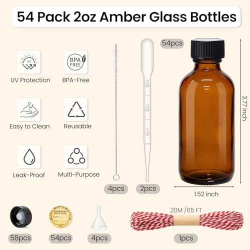 TBWIND 54 Pack 2oz Amber Glass Boston Round Bottles with Airtight Caps | Travel Size Bottles for Essential Oils, Perfume, Vanilla Extract, Tinctures & DIY Sample with Droppers, Labels & Funnels - size: 2oz