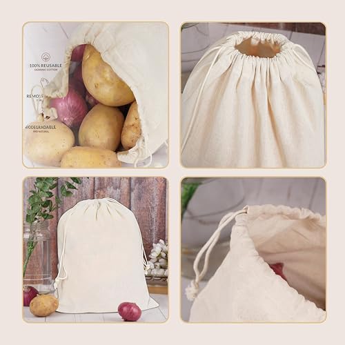 VillageCulture Muslin Drawstring Bags Pack of 12 Pcs Unbleached Reusable bags Favor Pouches for Crafts, Herbs, Gifts & Pantry Storage 10 x 12 inches