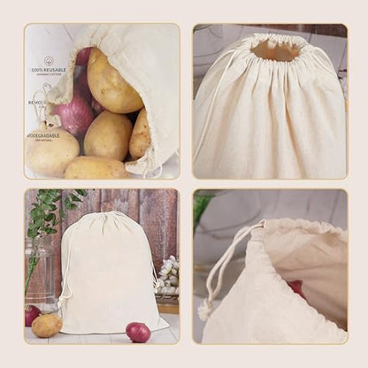 VillageCulture Muslin Drawstring Bags Pack of 12 Pcs Unbleached Reusable bags Favor Pouches for Crafts, Herbs, Gifts & Pantry Storage 10 x 12 inches