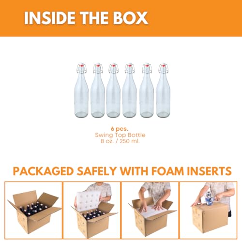 FastRack Swing Top Glass Bottles |8.5 oz – Pack of 6 | Clear, Flip Top Glass Bottles for Home Brewing, Carbonated Drinks, Kombucha, Fermentation, Water | Food Grade – ECO Friendly - size: 6 Pack