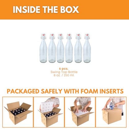 FastRack Swing Top Glass Bottles |8.5 oz – Pack of 6 | Clear, Flip Top Glass Bottles for Home Brewing, Carbonated Drinks, Kombucha, Fermentation, Water | Food Grade – ECO Friendly - size: 6 Pack