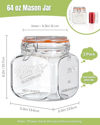 Half Gallon Mason Jar with Airtight Lid - Leakproof 64 Oz Wide Mouth Mason Jar for Sourdough Starter, Pickling, Flour Sugar Cookie Candy Storage, Pantry Organization and Kitchen Storage, 2 Pack