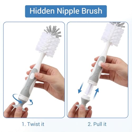 Ariseno 4-in-1 Baby Bottle Brush Set - Including Brushes for Bottles, Straws, Caps, & Nipples - BPA-Free (Grey) - color: Gray-nylon