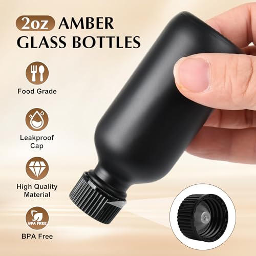 Small Glass Bottles with Lids Boston Round Shot Bottles for Health, Immunity, Ginger Juice, Essential Oils, Potion - Leak Proof Mini Travel Containers (Black Frosted, 2oz-24Pack) - color: Black Frosted, size: 2oz-24Pack