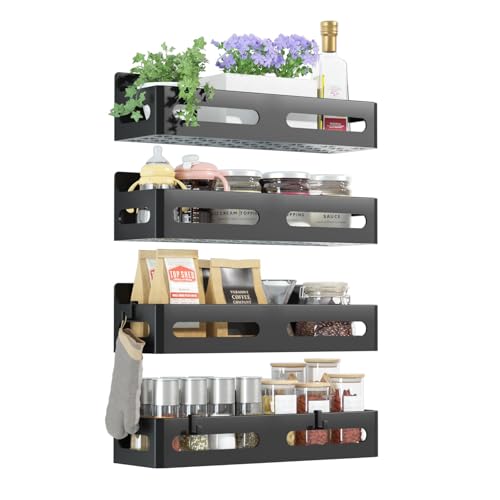 Sevenblue 4-Pack Magnetic Spice Rack for Refrigerator with Hooks, Black | Strong multipurpose magnetic shelf for kitchen & bathroom organization. Includes 4 removable hooks for hanging items. - color: Black, size: 4 Pack