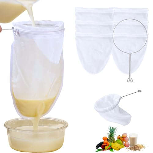 Ultra Fine Reusable Filter Bags, Cheesecloth Strainer Bag with Handle, Fine Mesh Strainer Bags for Nut Milk, Fresh Cheese, Juice, Tea, Coffee, Butter (Medium Strainer Bag*6 + Handle*1) - size: Medium Strainer Bag*6 + Handle*1