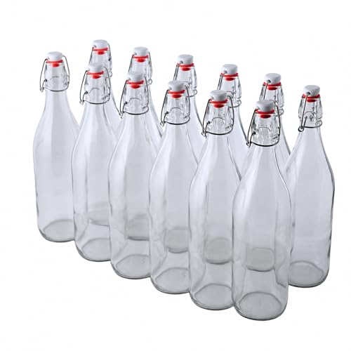 FastRack Swing Top Glass Bottles 16oz (500ml) – 12 Pack | Clear Flip Top Bottles with Airtight Lids | Reusable Glass Containers for Olive Oil, Vinegar, Kombucha, Beer & Fermentation - size: 12 Pack