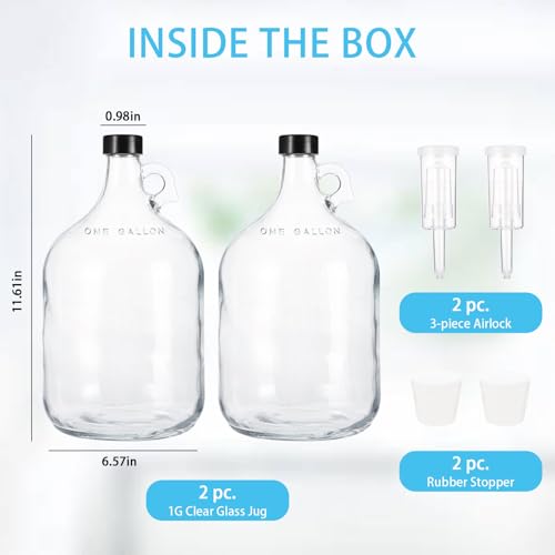 2pcs 1Gallon Glass Bottle- 2pcs Rubber Bungs & 2-Piece Airlocks – Fermentation Jars for Home Brewing, Clear Glass Fermenter Containers for Liquid Fermentation
