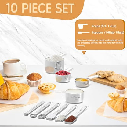 Stainless Steel Measuring Cups & Spoons Set for Cooking and Baking, Nesting Measuring Cups Measuring Spoons for Measuring Dry or Liquid Ingredients, Kitchen Gadgets, 10Pack - style: Non Magnetic-Square-10PCS
