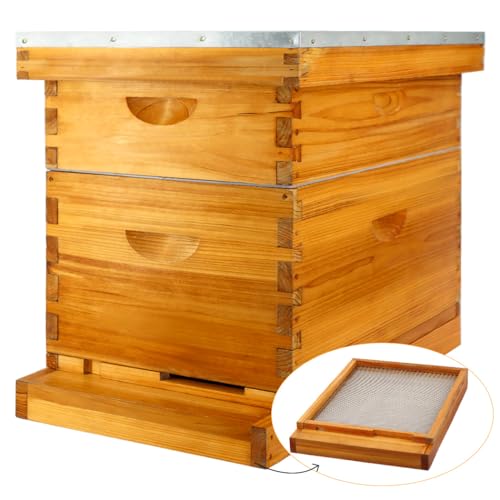 MayBee 8 Frame Screened Bottom Board Beehive Dipped in Original Beeswax, Bee Hives Kit Includes 1 Deep Box & 1 Medium Hive Box with Beehive Frames and Wax Coated Foundations
