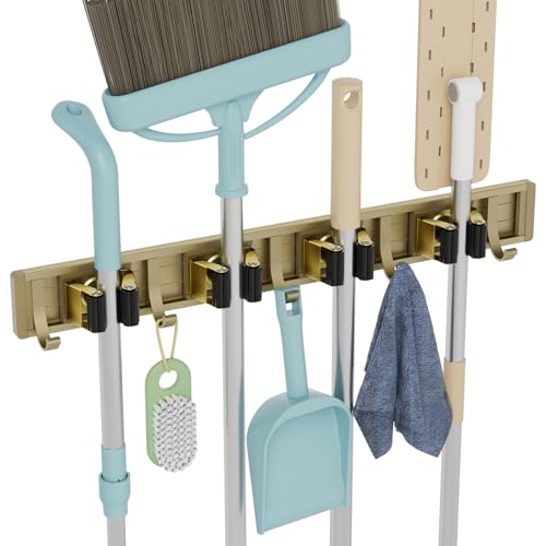 reliahom Broom Holder Wall Mount Mop Hanger Tools organizer 4Racks 5Hooks | Adjustable Mop Broom Wall Hanging Heavy duty Tools Storage Rack Space-saving for Garage,Kitchen,Laundry Room,Garden, Bronze - color: Bronze, size: 1 Pack 4R5H