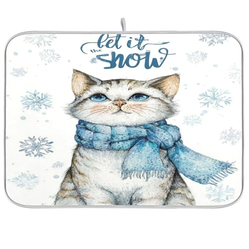 Kcldeci Cute and Creepy Cat Dish Drying Mat Kitchen Counter Mat Draining Mat Kitchen Accessories Dish Rack Pad for Dishes, Utensils, Countertops, Sinks 16x18in - color: cute and creepy cat, size: 16x18in